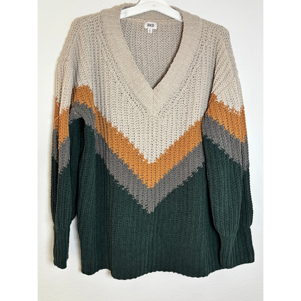 BKE Womens Small V-Neck Chevron Colorblock Chunky Knit Sweater Green Orange